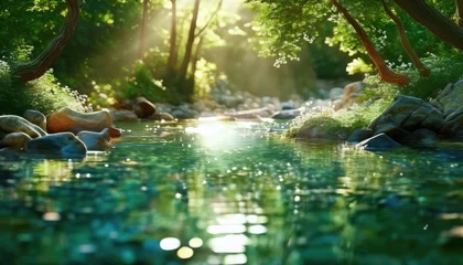 A serene forest stream reflecting sunlight with lush greenery and rocks in a tranquil setting