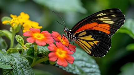 Obraz premium Butterfly on flowers in a garden, pollinating. Bokeh background for nature content