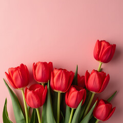 Obraz premium Vibrant Red Tulip Bouquet on a Floral Background, Perfect for Valentine's Day, International Women’s Day, and Celebrating Love