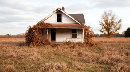 An overgrown house covered in vines sits abandoned in a serene autumn landscape, illustrating nature reclaiming human structures over time.