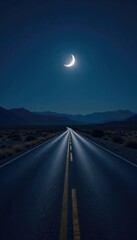 Waning crescent moon shining on a deserted road, darkened, shadows