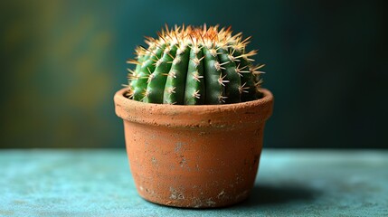 Small cactus in terracotta pot on teal surface, blurred background