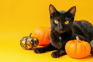 banner for halloween. orange background, black cat, pumpkin. background with place for text. wallpaper. postcard