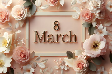 Elegant Women's Day Greeting Card with flowers and "8 March" Text – Beautiful Floral Celebration Background