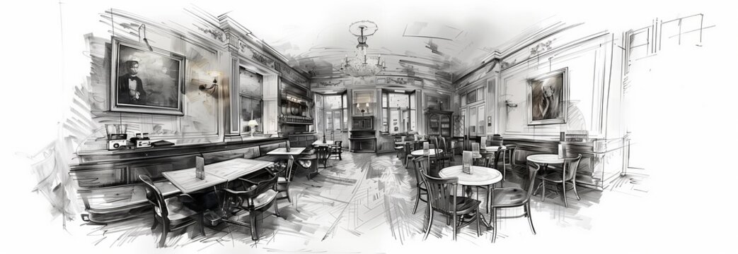 Elegant interior of a vintage cafe with artistic decor and inviting tables.