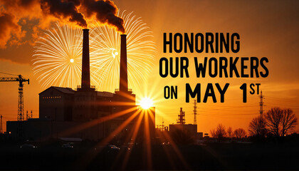 Celebratory industrial skyline with fireworks at sunset, honoring workers