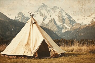Rustic teepee tent standing against majestic snowy mountain background in vintage postcard style