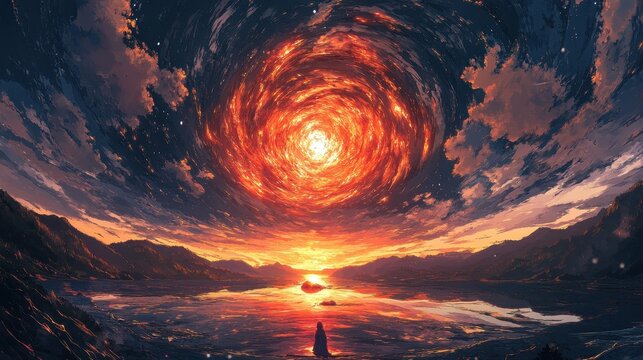 Anime landscape featuring a swirling sunset and reflective water