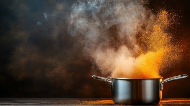 A vibrant explosion of spices and colors emerging from a pot, symbolizing the creative flair and essence of cooking that brings life, joy, and flavor into culinary experiences.