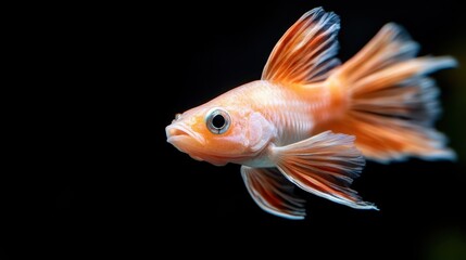 An ornate goldfish, with vibrant orange and white fins, glides smoothly through the water, showcasing its elegant motion and intricate patterns against a dark backdrop.