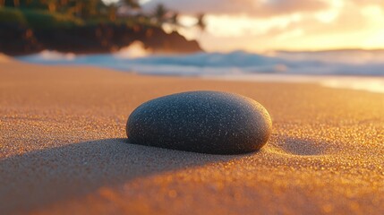 Smooth stone on golden sand beach at sunrise