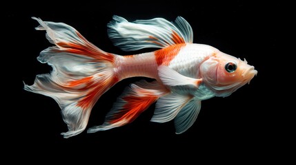 A beautifully colored goldfish with flowing fins swims gracefully through clear water, displaying its vibrant colors and delicate movement in this captivating aquatic scene.