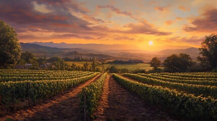 Fototapeta premium Sunset over Vineyard Rows in Tuscany