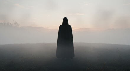 Black cloaked figure in a fog and mist surrounded smoke, death grim reaper, evil Halloween demon