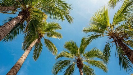 Bottom view of tropical palm trees leaves in blue sky background Natural exotic photo frame Leaves on the branches of coconut palm trees against the blue sky in sunny summer day Phuket island Thailand