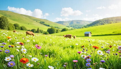 Fototapeta premium Vibrant wildflowers blooming in spring meadow, natural beauty