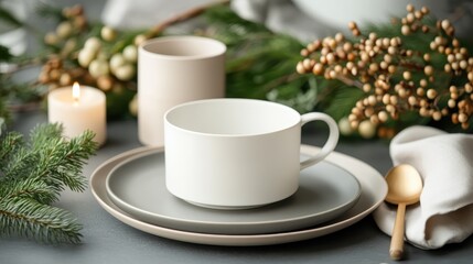 This image features a beautifully arranged winter table setting, highlighting a minimalistic design with natural elements, perfect for seasonal gatherings and cozy dining experiences.