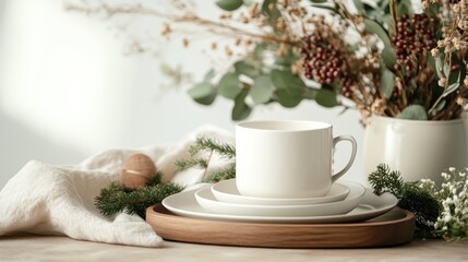 A serene dining setup that combines simple yet beautiful elements, featuring elegant tableware and fresh greenery, perfect for intimate gatherings or quiet meals at home.