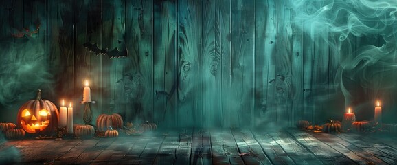 Fototapeta premium Halloween Pumpkins On Wood In A Spooky Forest At Night, banner