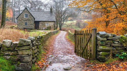 A low stone wall fence with a wooden gate leading into a charming countryside cottage.