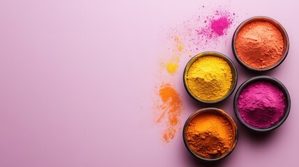 An artful display of colored powders in bowls set against a pastel background, representing creativity and the joy of artistic dance with colors in various projects.