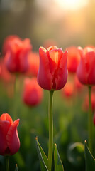 Obraz premium Vibrant Red Tulips Flourishing in a Spring Garden - Ideal Panoramic Background for Floral Photography, Nature Aesthetics, and Garden Inspiration