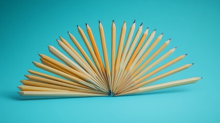 Color pencils arranged in a fan shape on a blue background.