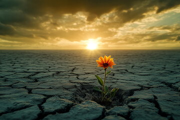 A small flower growing from dry, cracked earth with a sunset in the background
