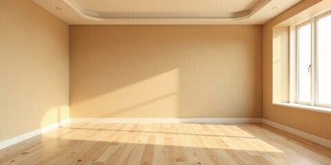 Fototapeta premium Sunlit Empty Room with Light Beige Walls and Hardwood Floor Ready for Interior Design