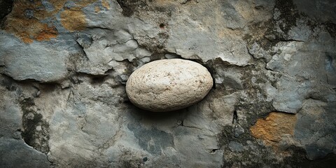 Oval rock lodged tightly into a weathered and cracked stone wall