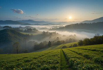 Obraz premium Field with fog and agriculture and sunset