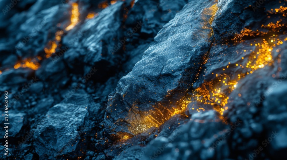 Poster molten lava flows between rough volcanic rocks, creating a stunning display of bright orange and glo