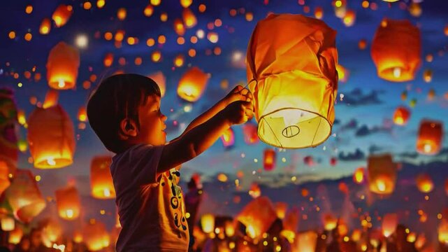 anak kecil dengan ratusan lampion