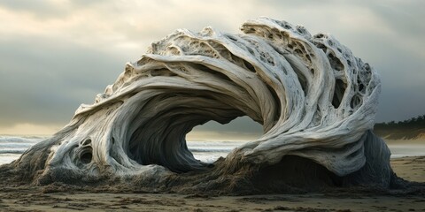 Sculptural driftwood formation creates an archway on a sandy beach