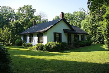 Obraz premium Charming white cottage surrounded by lush greenery on a sunny day
