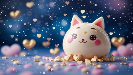 Single Round Cat Shaped Treat Surrounded by Hearts on Blue Background