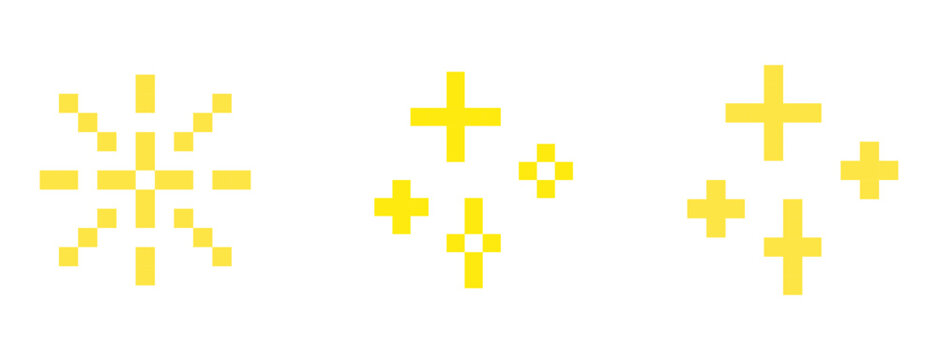 Yellow pixelated sparkles, pixel art., stars, retro, 8-bit.