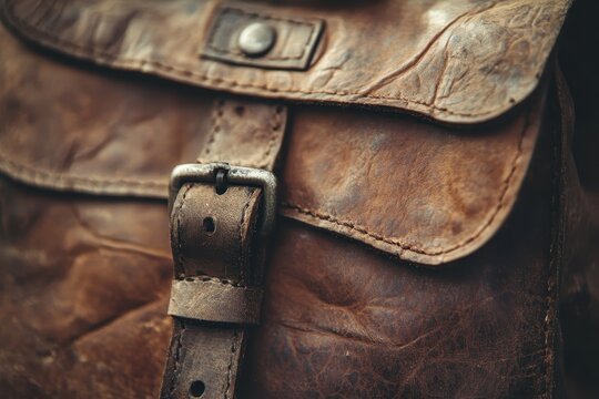 Close up of a vintage weathered brown leather bag