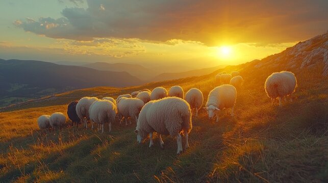 A flock of white and black Welsh sheep peacefully grazes in a mountain pasture as the sun sets in the Carpathian mountains. This tranquil moment highlights ecological agriculture in Ukraine