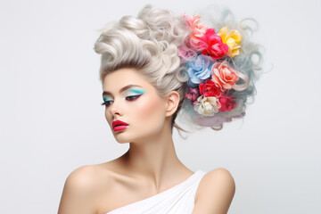  Fashionable Wedding Hairstyle with Vibrant Colors on White Background