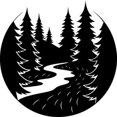 A river flowing through a dense forest  silhouette vector illustration 