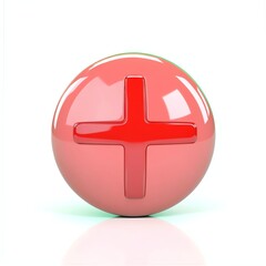 Obraz premium A glossy pink sphere featuring a prominent red plus sign on its surface, symbolizing positivity or addition.