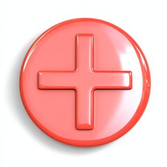 Obraz premium A glossy red circular button featuring a prominent white plus sign, often symbolizing addition or an increase.