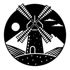 A windmill on a hill silhouette vector illustration 