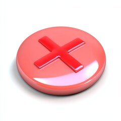 Obraz premium A glossy pink button with a prominent red cross symbol, suggesting a cancel or delete action, set against a simple white background.