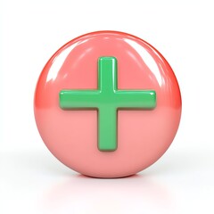 Obraz premium A glossy pink button featuring a green plus sign, symbolizing addition, positivity, or health in a minimalist design.