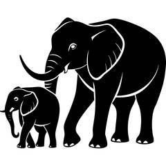 Fototapeta premium Baby elephant following mother silhouette vector illustration 