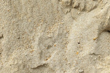 Close-up of beige sandy beach texture with small pebbles and grains