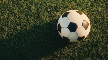 A close-up of a classic soccer ball resting on green grass, ideal for sports-themed projects and soccer-related content.