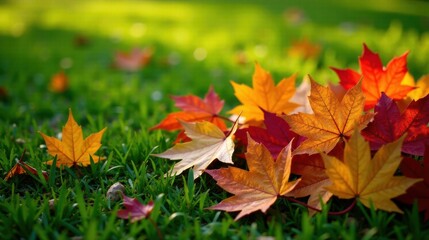 Autumnal foliage scattered across vibrant green grass, bathed in warm sunlight, creating a picturesque scene of seasonal change and natural beauty.